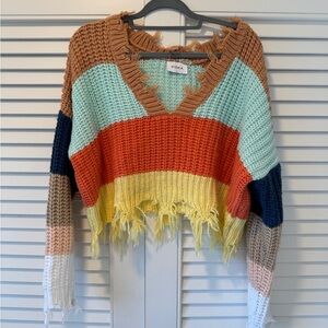 Storia Multicolor Frayed V-Neck Sweater